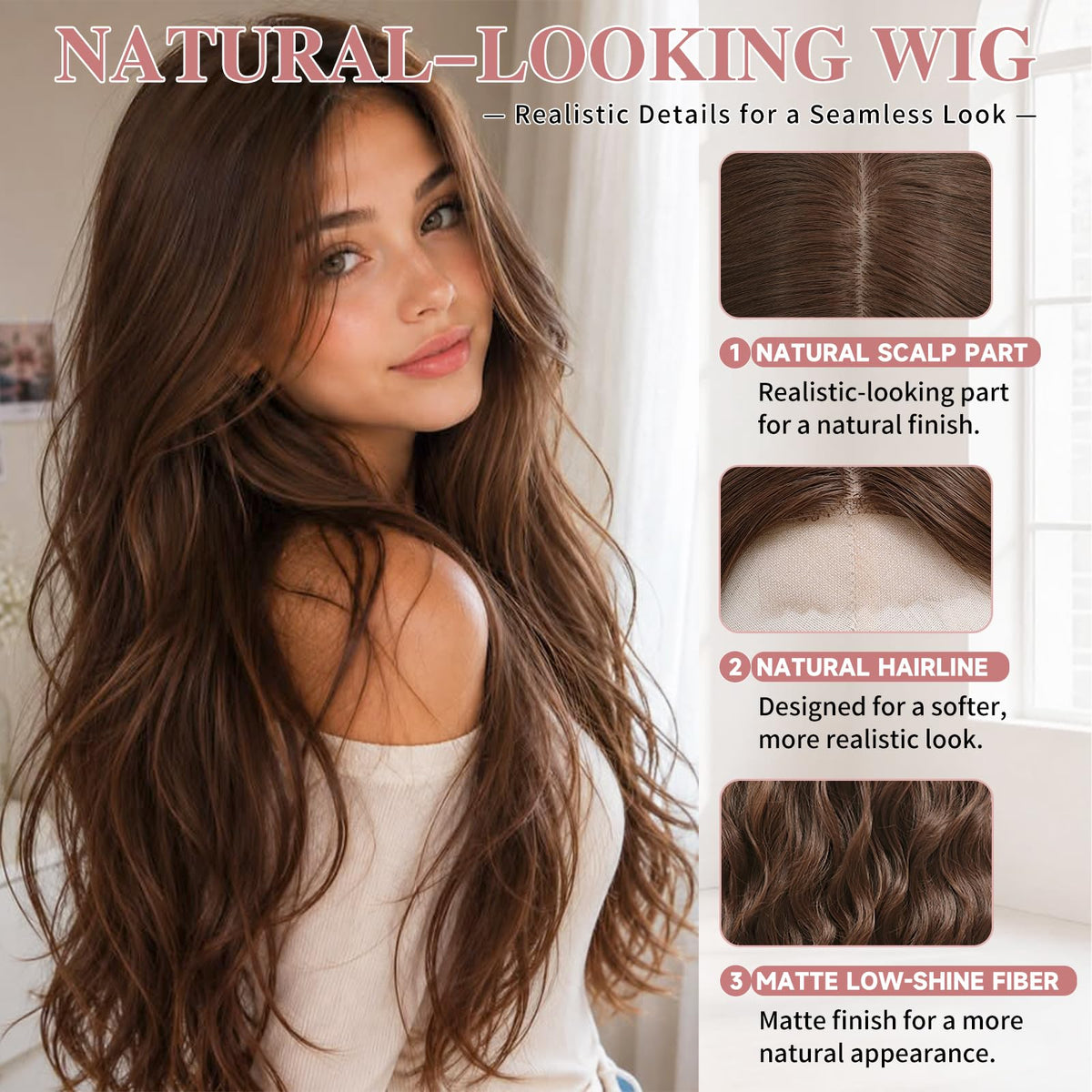 NAYOO 26 Inch Long Wavy Black Wig for Women, Middle Part Natural Looking Synthetic Wig, Heat Resistant Fiber Soft & Lightweight, Realistic Scalp Long Curly Wig for Daily Wear Party Cosplay