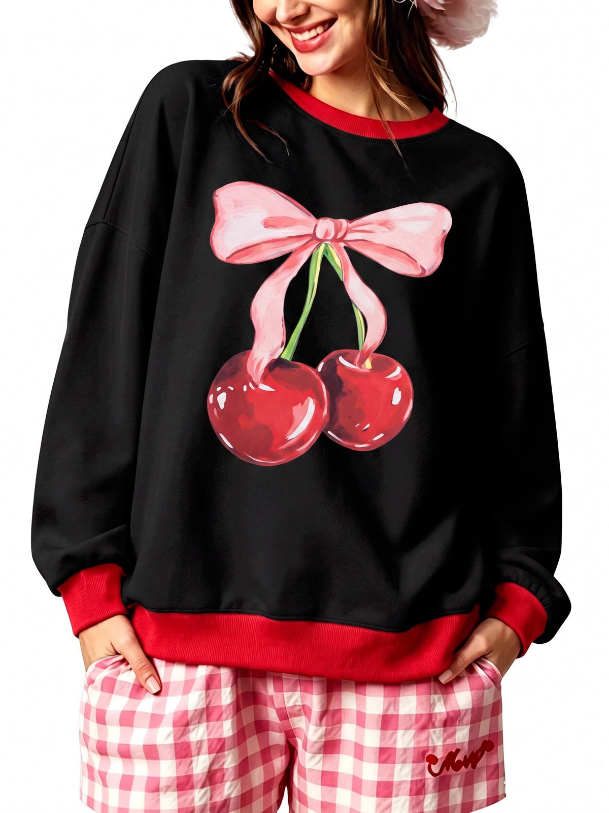 Women's Cherry Bow Graphic Sweatshirt Long Sleeve Crewneck Pullover Tops
