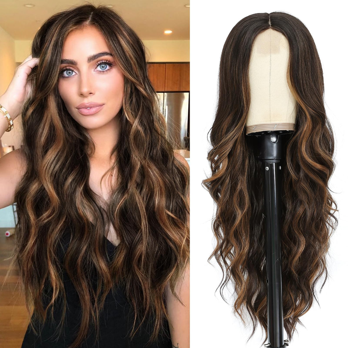 NAYOO Ice Blue Wig for Women, 26 Inch Middle Part Wavy Synthetic Wig