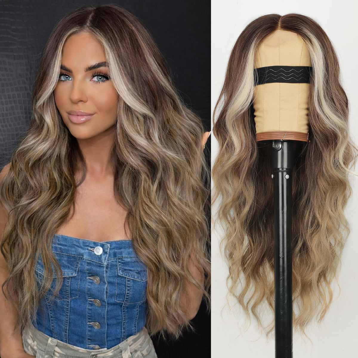 AISI HAIR Black Wig for Women, Long Wavy Lace Hairline Synthetic Wig 26Inch