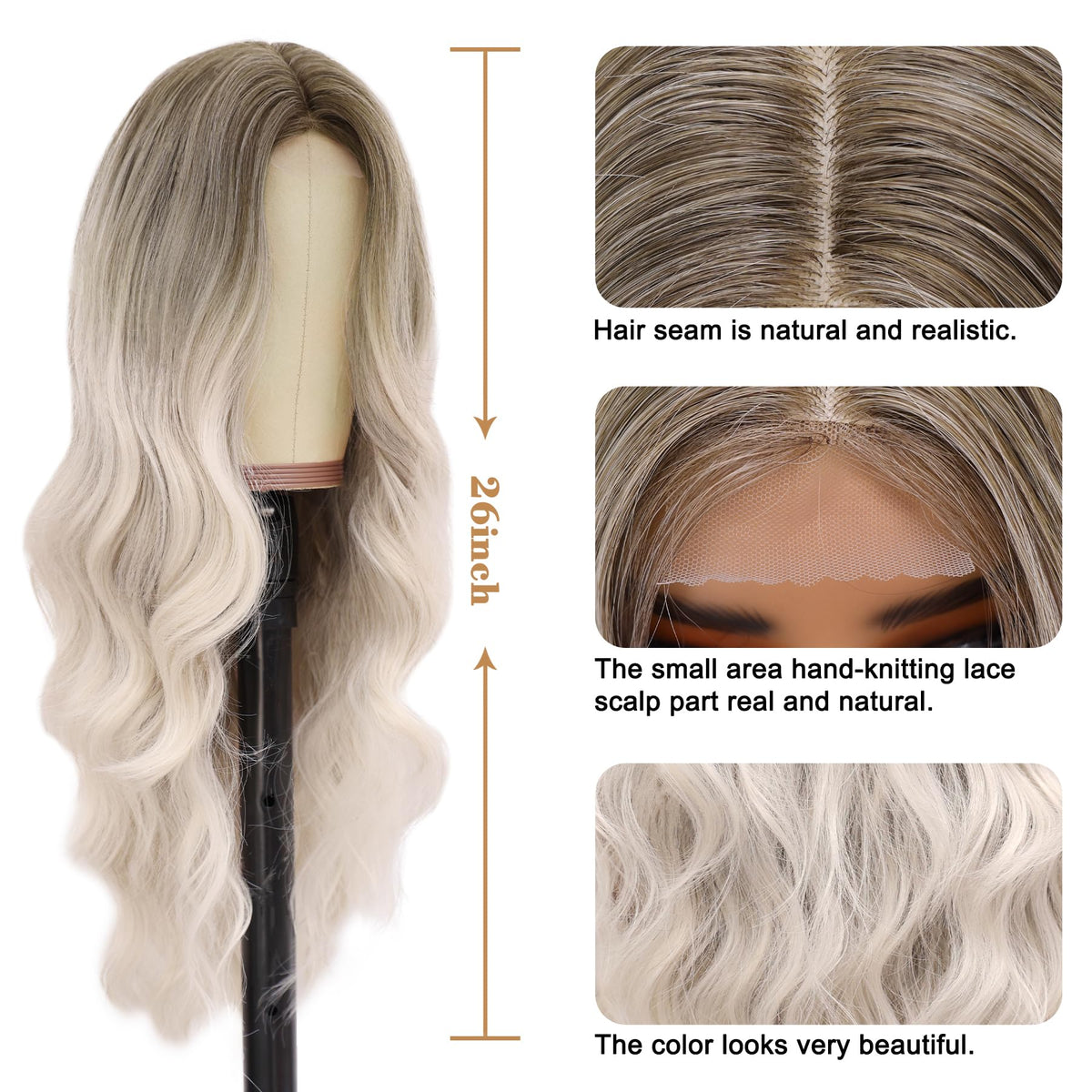 NAYOO Ice Blue Wig for Women, 26 Inch Middle Part Wavy Synthetic Wig