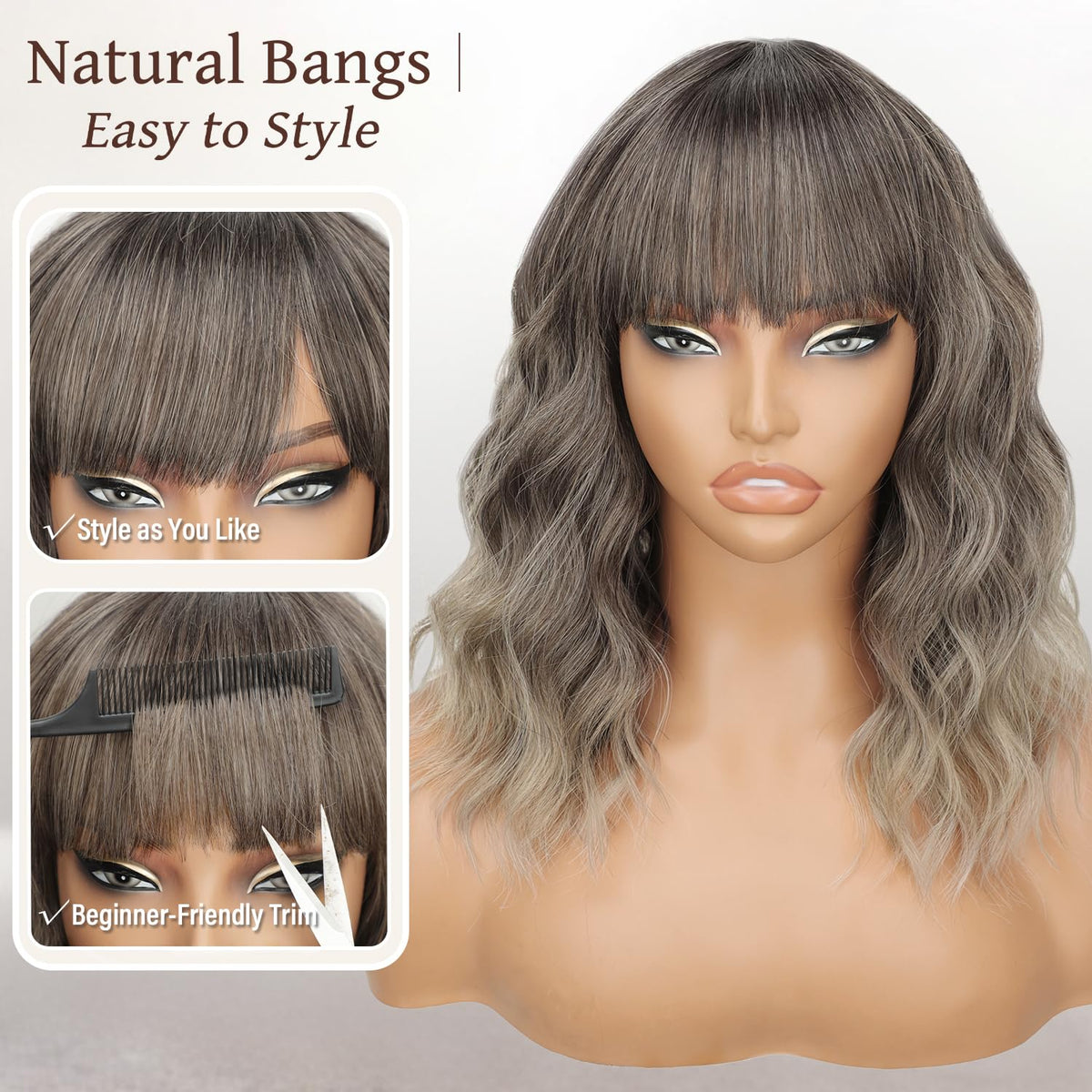 Nnzes Short Wavy Bob Wig with Bangs for Women Shoulder Length Curly Dark Brown with Purple Synthetic Heat-Resistant Fiber Hair for Daily & Party Use