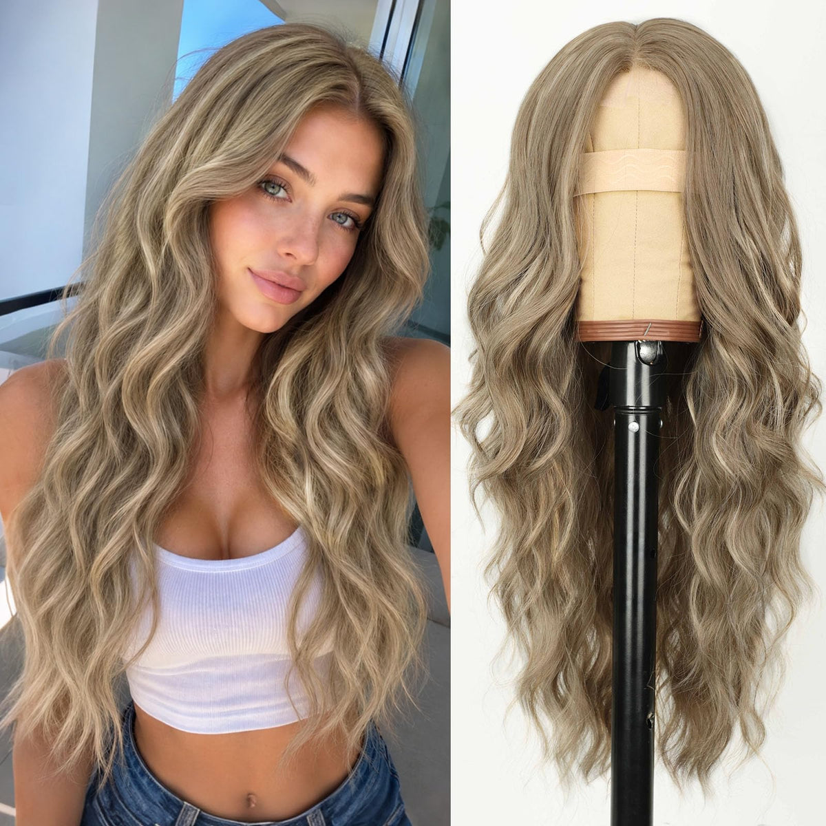 AISI HAIR Black Wig for Women, Long Wavy Lace Hairline Synthetic Wig 26Inch
