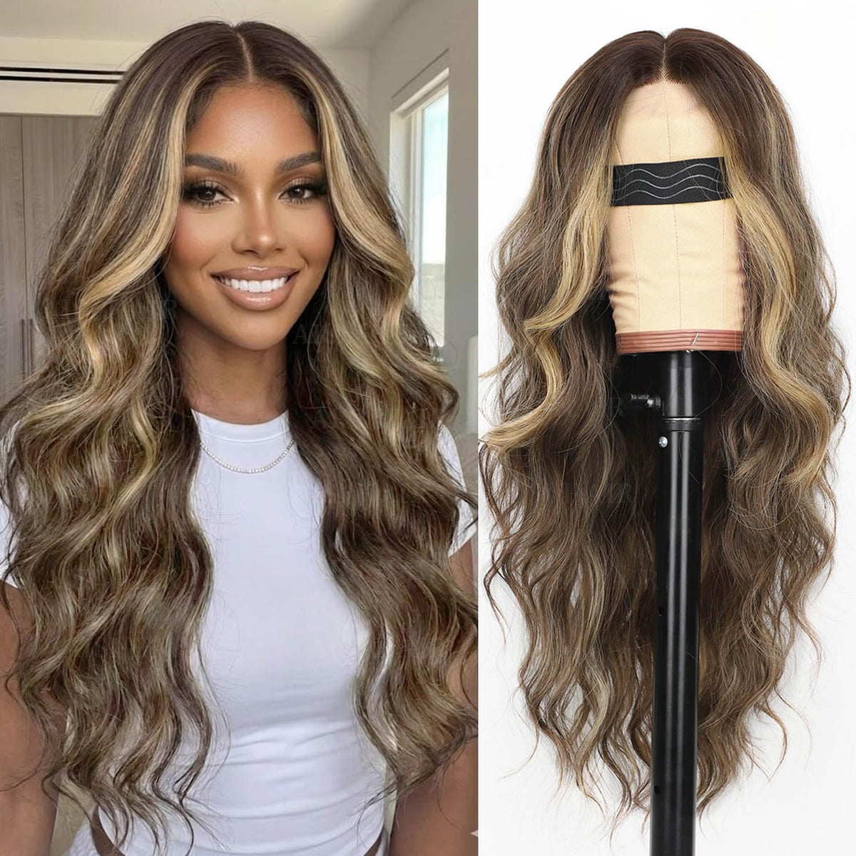 AISI HAIR Black Wig for Women, Long Wavy Lace Hairline Synthetic Wig 26Inch