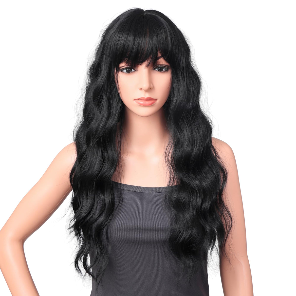 18 Inch Wavy Wig with Bangs – Black With Brown Highlights Heat Resistant Synthetic Hair, Soft Silky & Natural Looking for Women