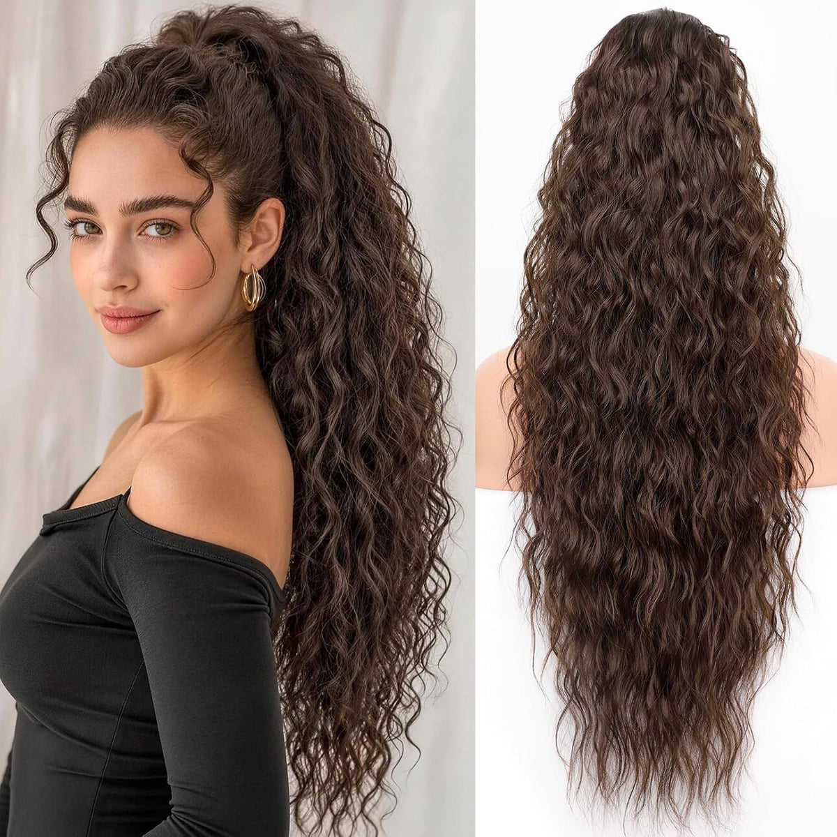 KooKaStyle Long Medium Brown Curly Synthetic Drawstring Ponytail Extension