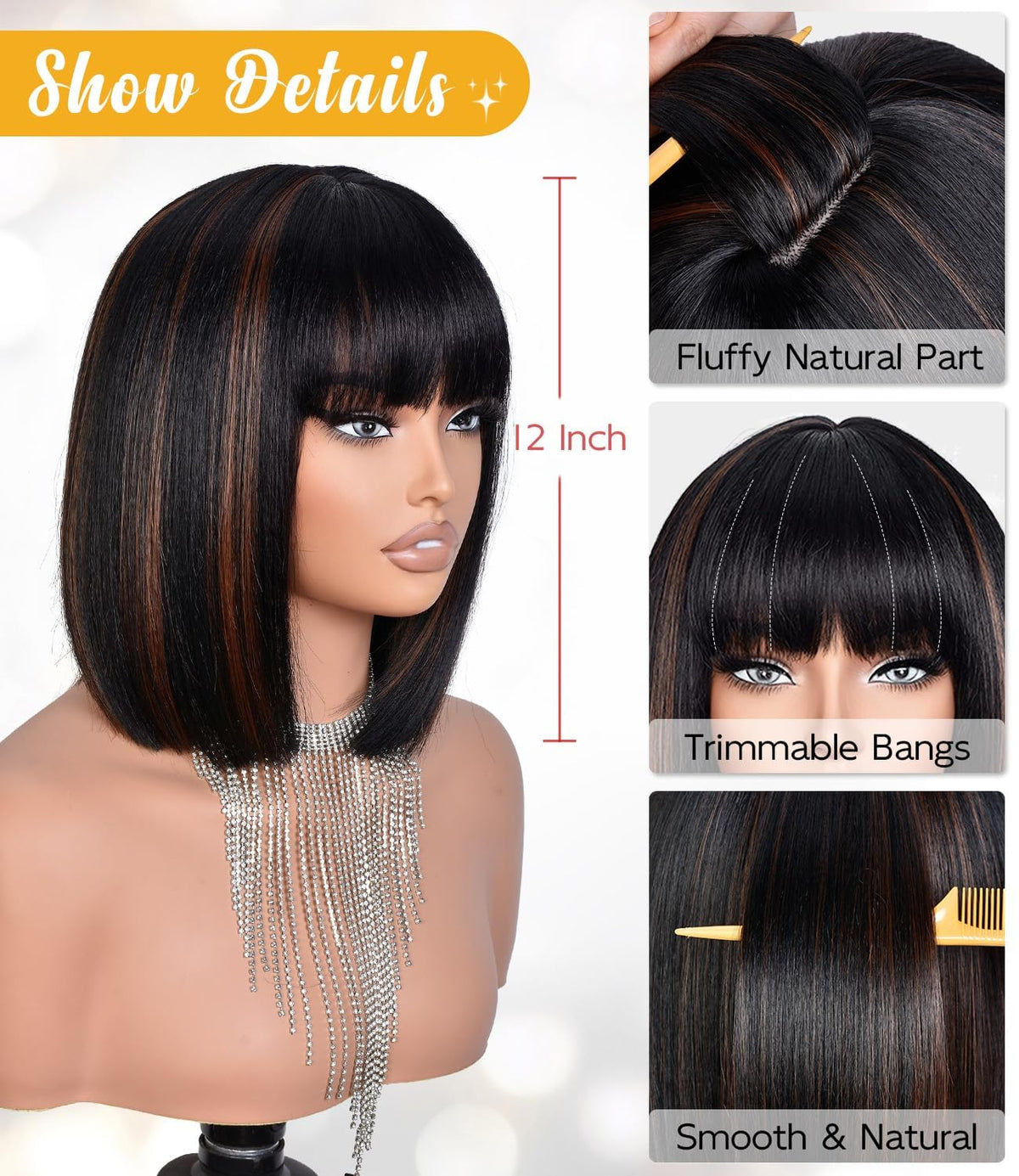 Bob Wig with Bangs for Women Short Straight Bob Wigs for Women 12inch