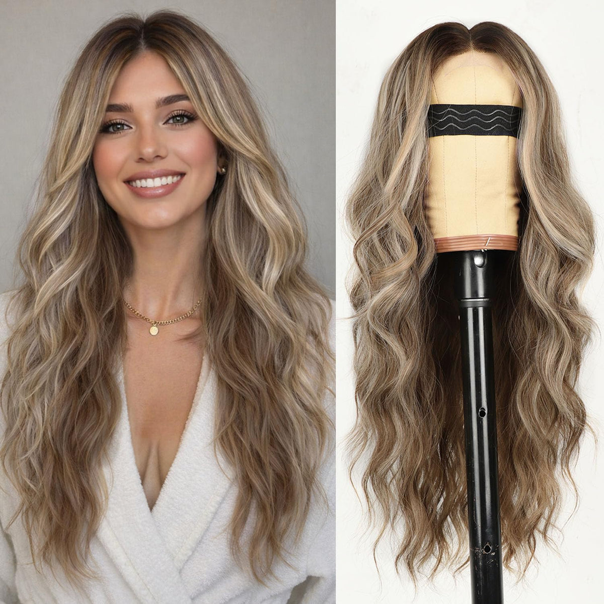 AISI HAIR Black Wig for Women, Long Wavy Lace Hairline Synthetic Wig 26Inch