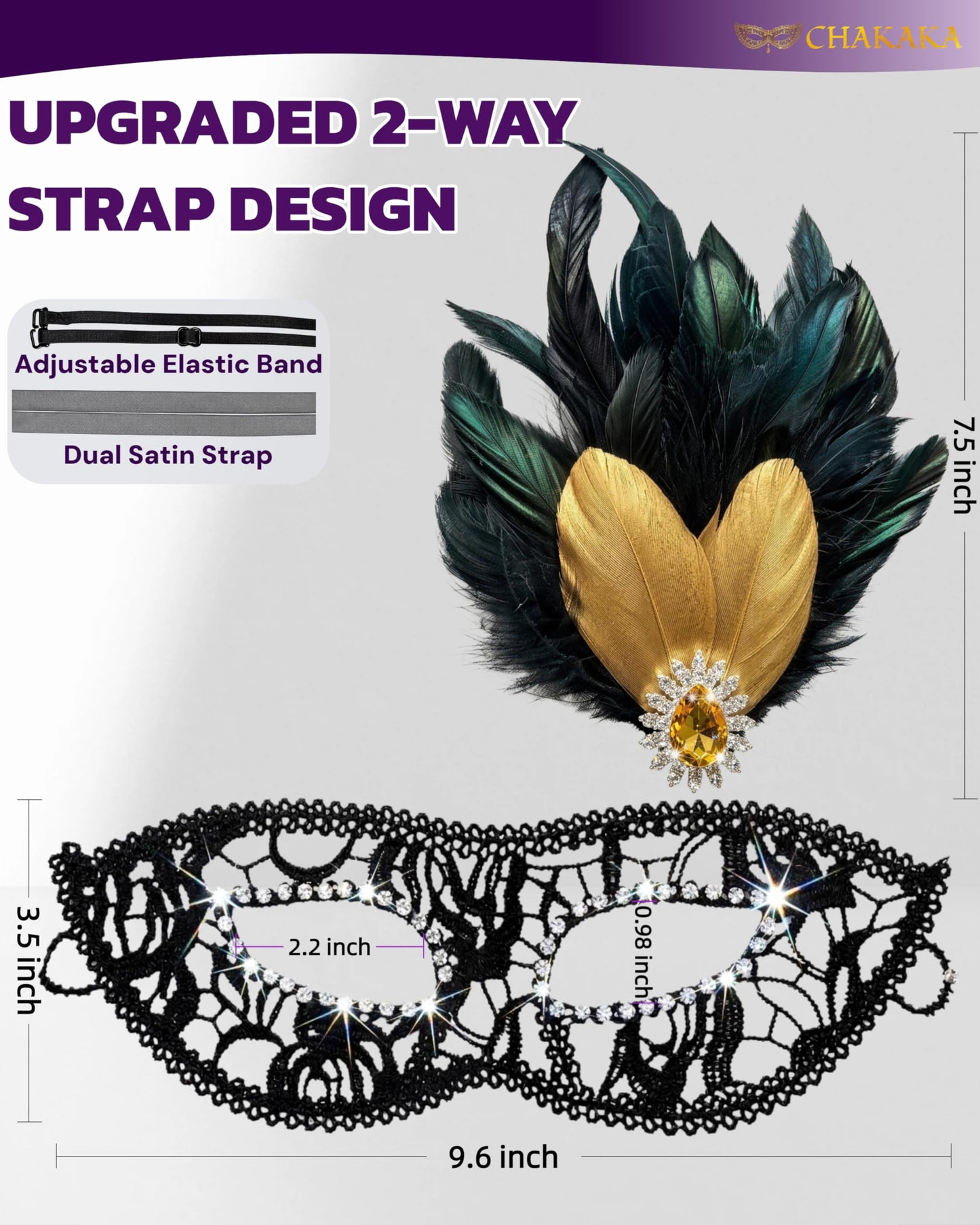 Black Lace Masquerade Mask for Women,1920s Venetian Feather Eye Mask with Gold Rhinestones for Mardi Gras Halloween