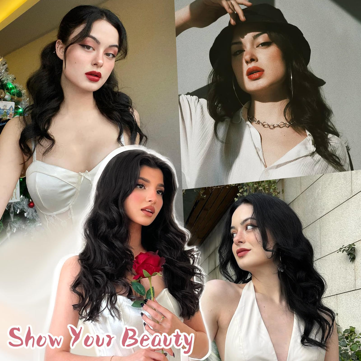 MORICA Ombre Dark Green Wigs for Women, 18 Inch Wavy Middle Part Wig
