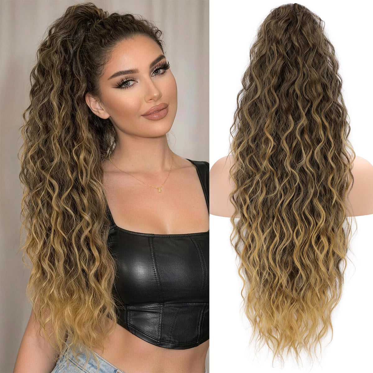 KooKaStyle Long Medium Brown Curly Synthetic Drawstring Ponytail Extension