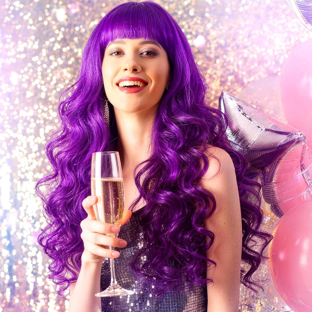 Purple Wig for Women Long Wavy Hair with Heart Sunglasses, Colorful Curly Wigs with Bangs for Birthday Nightclubs Music Festival Photography Funny Bachelorette Mardi Gras Party Supplies