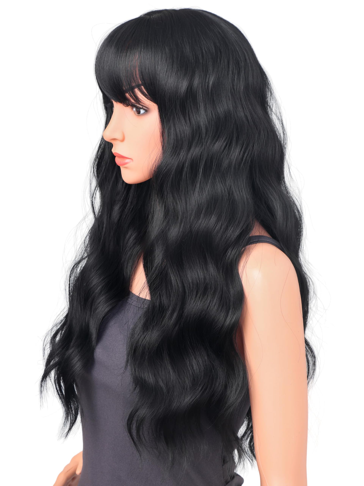 18 Inch Wavy Wig with Bangs – Black With Brown Highlights Heat Resistant Synthetic Hair, Soft Silky & Natural Looking for Women