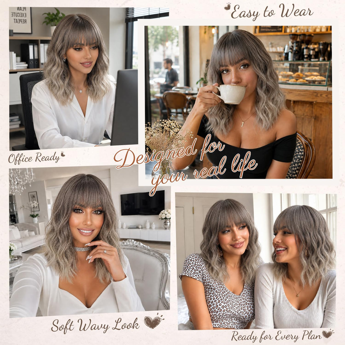 Nnzes Short Wavy Bob Wig with Bangs for Women Shoulder Length Curly Dark Brown with Purple Synthetic Heat-Resistant Fiber Hair for Daily & Party Use
