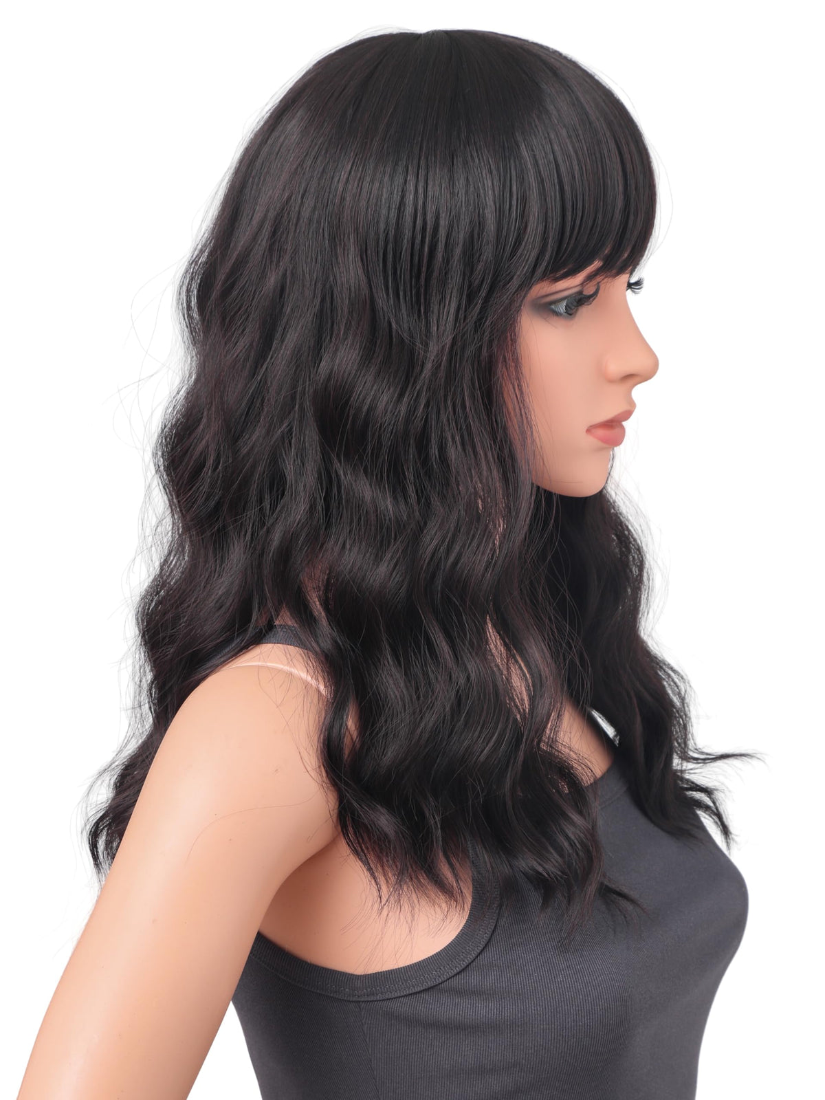 18 Inch Wavy Wig with Bangs – Black With Brown Highlights Heat Resistant Synthetic Hair, Soft Silky & Natural Looking for Women