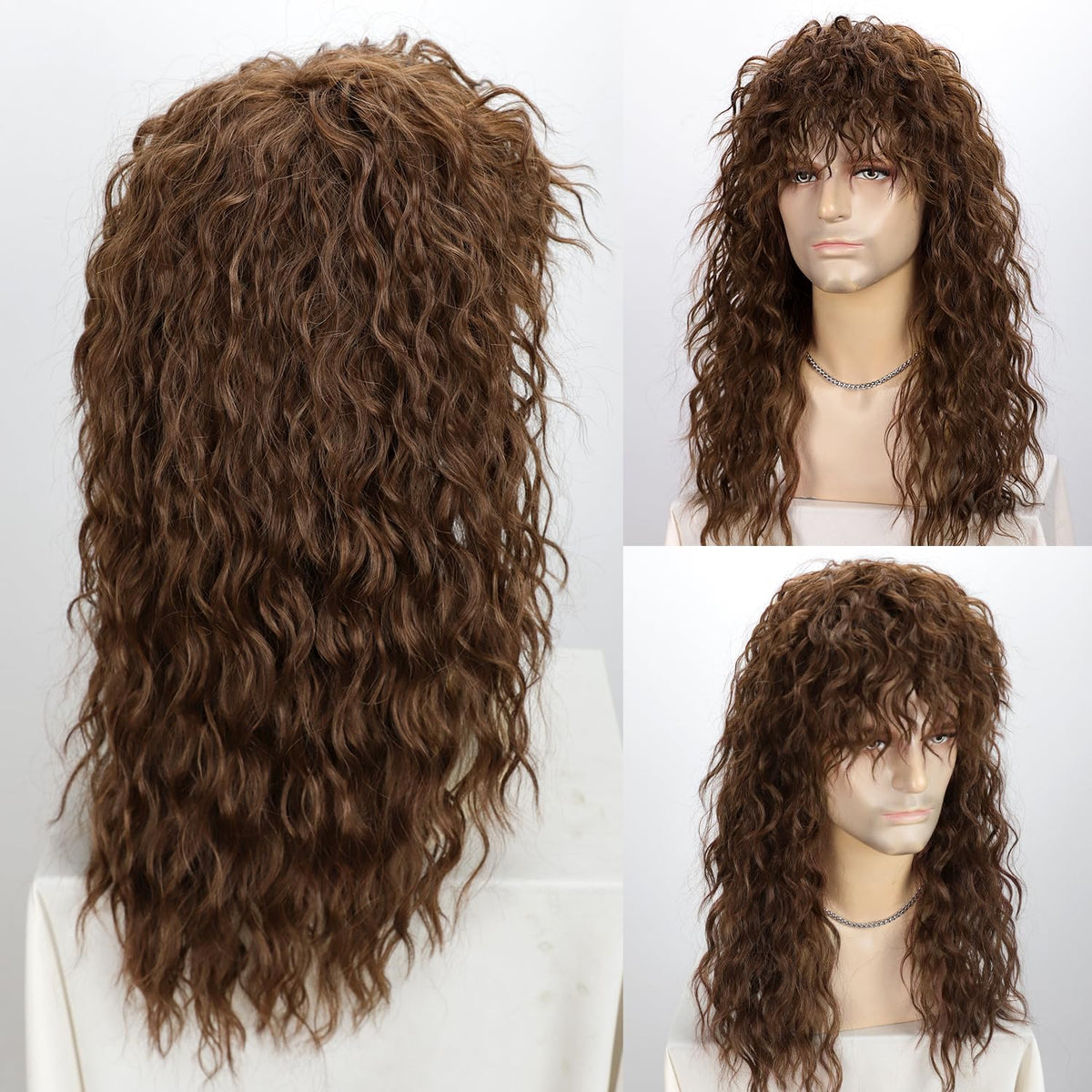 YYHR 80s Brown Wigs for Mens Mullet Rocker Costume Long Synthetic Hair Wig