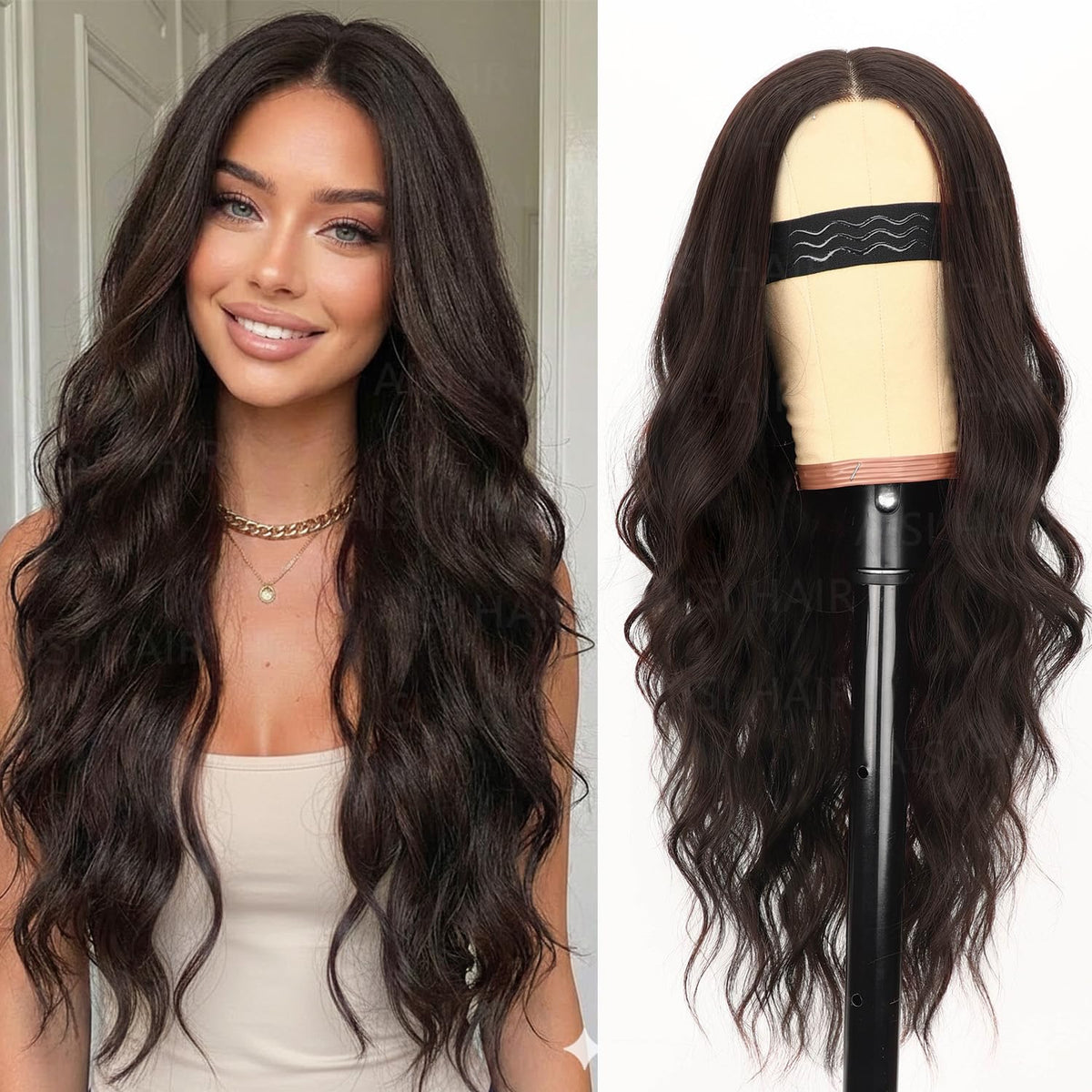 AISI HAIR Black Wig for Women, Long Wavy Lace Hairline Synthetic Wig 26Inch
