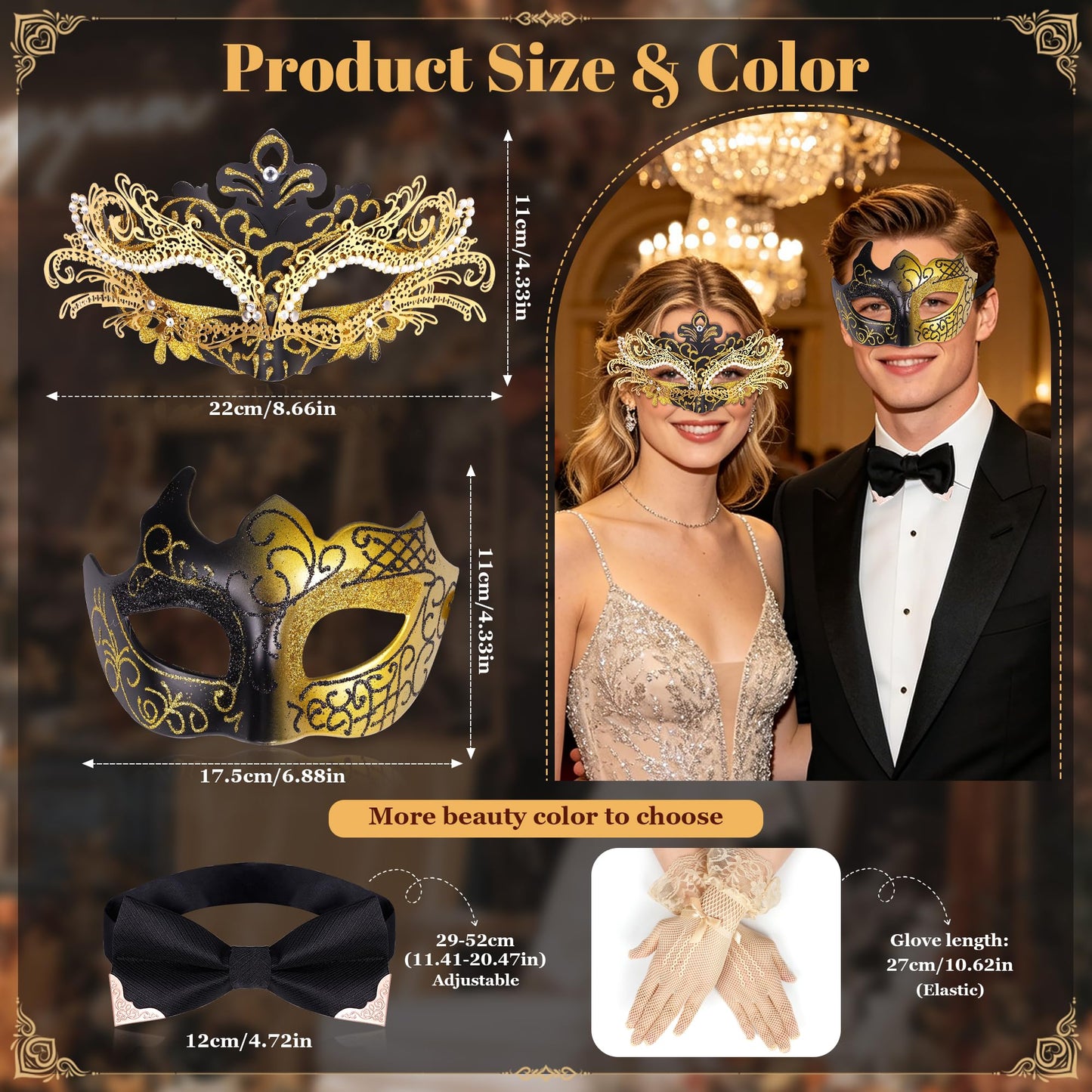 Masquerade Mask for Women Couples Metal Venetian Party Mask Mardi Gras Venetian Mask Evening Mask Halloween Accessory