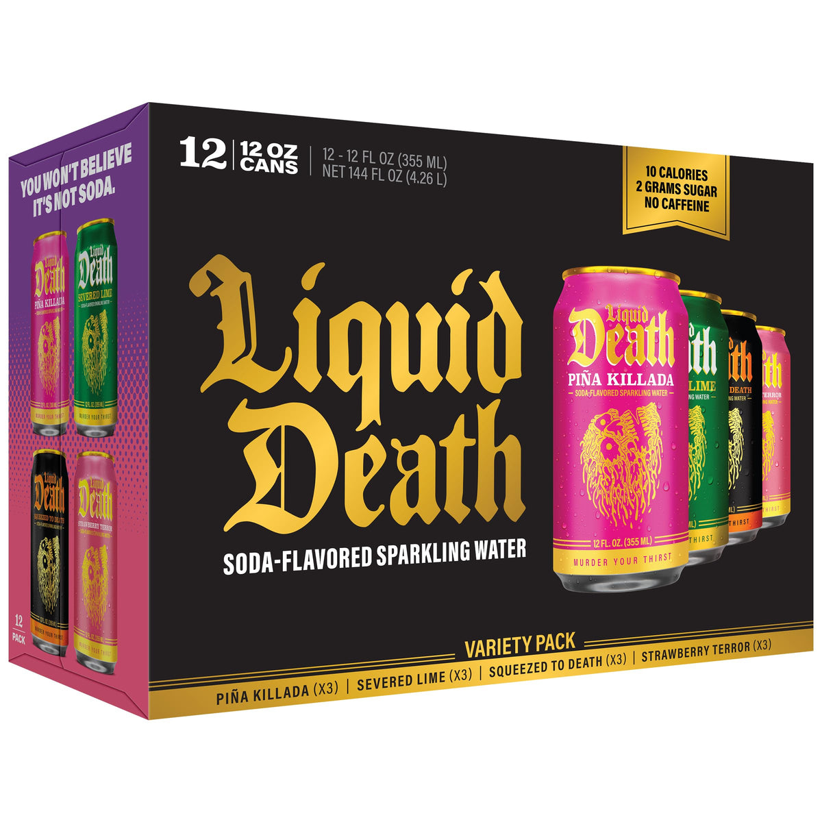Liquid Death Soda-Flavored Sparkling Water - Cherry Obituary, Less Sugar*, Huge Flavor, No Caffeine, No Artificial Sweeteners, 12 Fl Oz (Pack of 12)