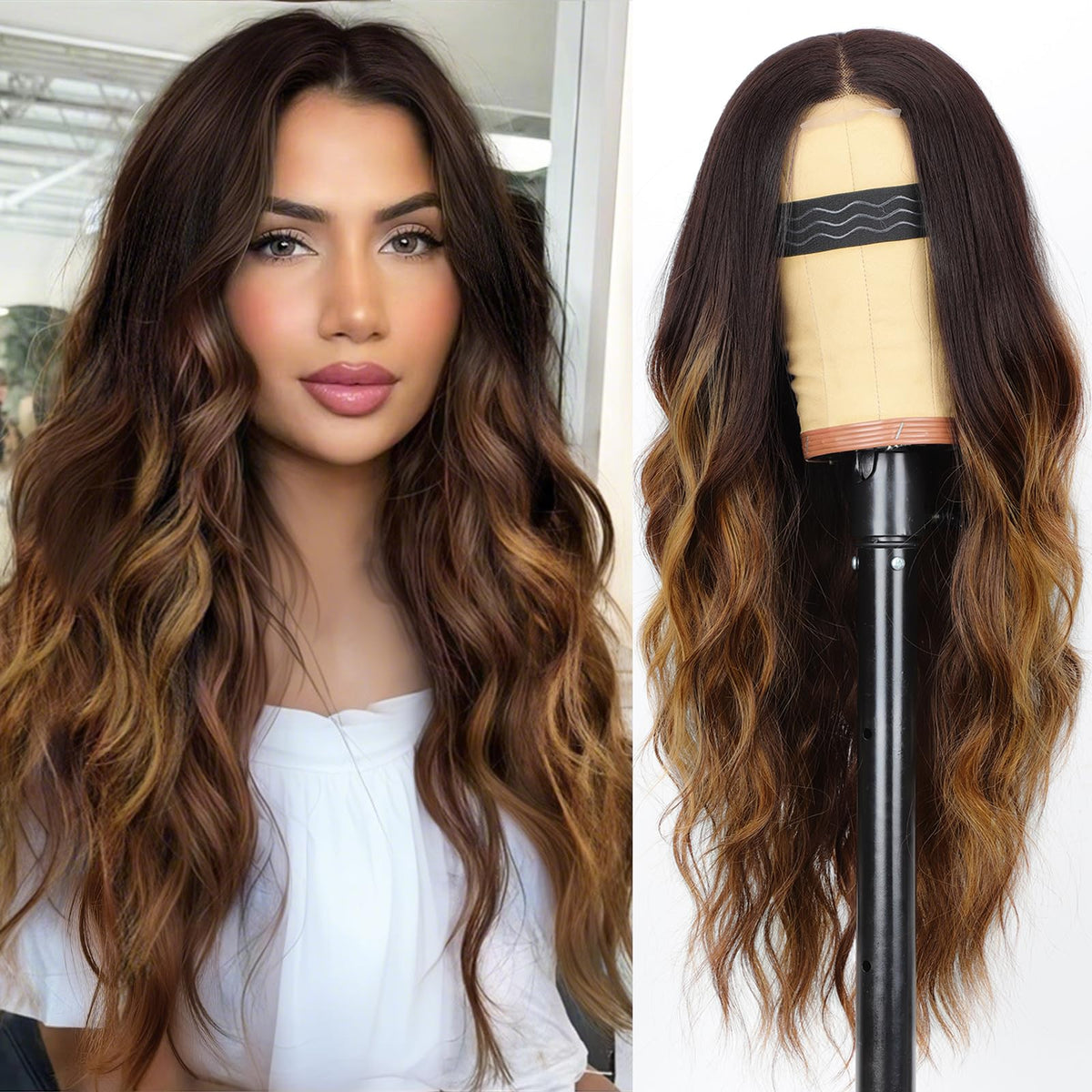 AISI HAIR Black Wig for Women, Long Wavy Lace Hairline Synthetic Wig 26Inch