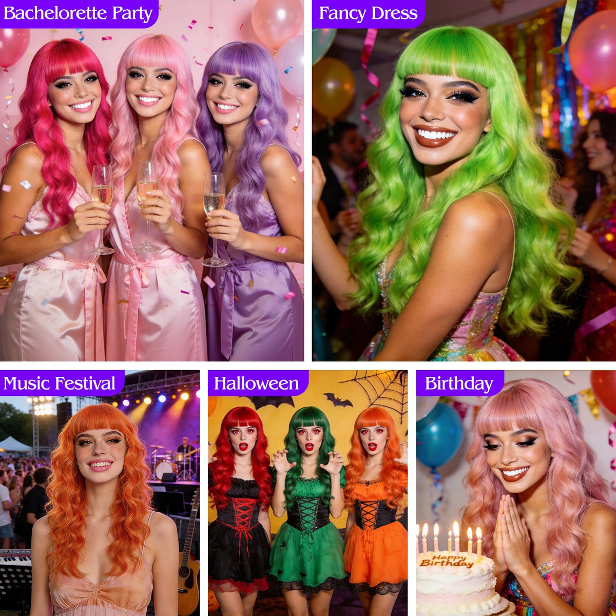 Purple Wig for Women Long Wavy Hair with Heart Sunglasses, Colorful Curly Wigs with Bangs for Birthday Nightclubs Music Festival Photography Funny Bachelorette Mardi Gras Party Supplies