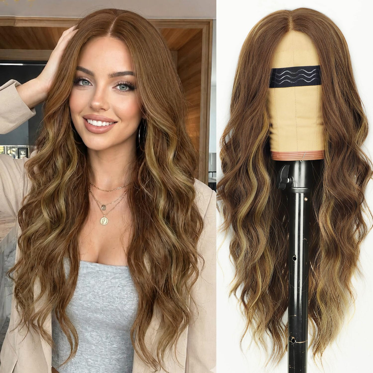 AISI HAIR Black Wig for Women, Long Wavy Lace Hairline Synthetic Wig 26Inch