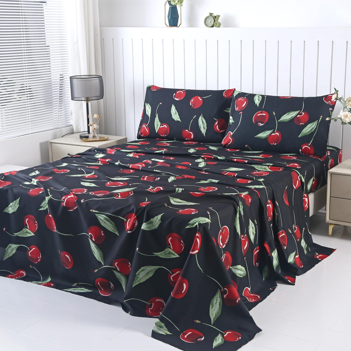 SDIII 4PCS Red Cherry Bed Sheets Set Full, Soft Microfiber Cherry Full Size Bed Sheets, Cute Fruit Patterns Sheet for Girls Boys Kids and Teens