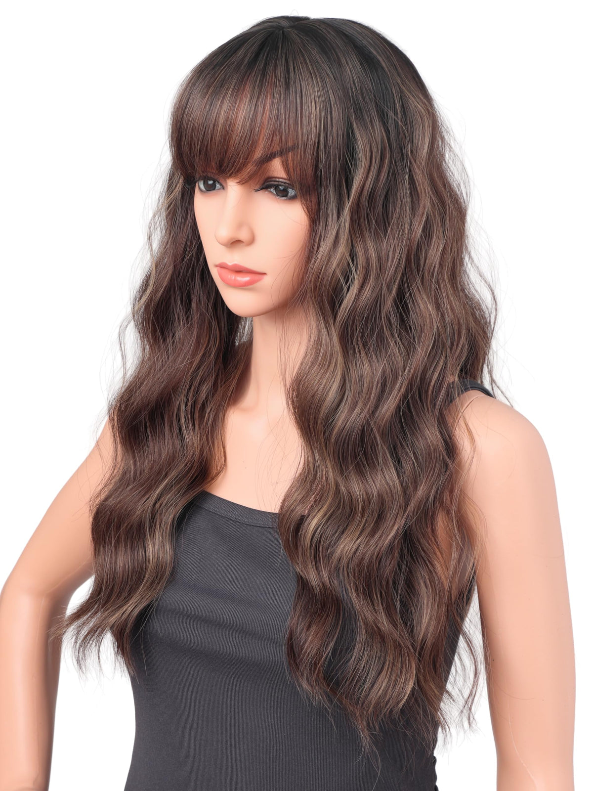 18 Inch Wavy Wig with Bangs – Black With Brown Highlights Heat Resistant Synthetic Hair, Soft Silky & Natural Looking for Women