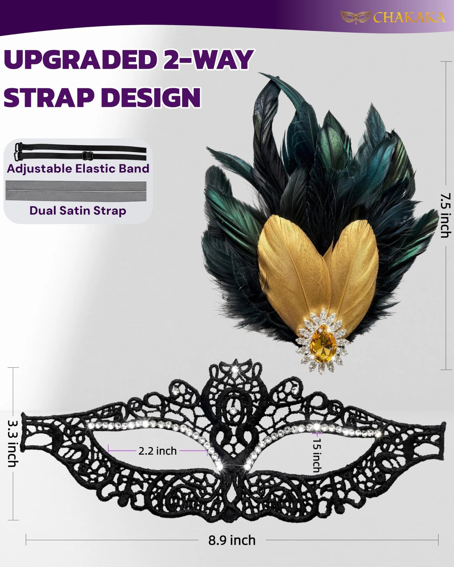 Black Lace Masquerade Mask for Women,1920s Venetian Feather Eye Mask with Gold Rhinestones for Mardi Gras Halloween