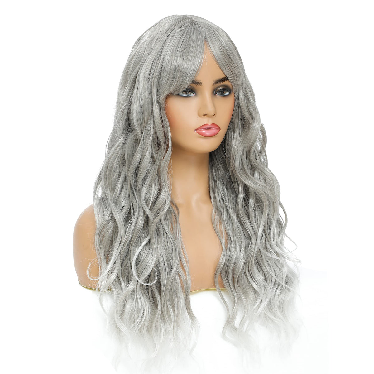 SWACC Long Curly Wavy Wig with Bangs Synthetic Hair Wig for Women with Wig Cap (Pink Ombre)