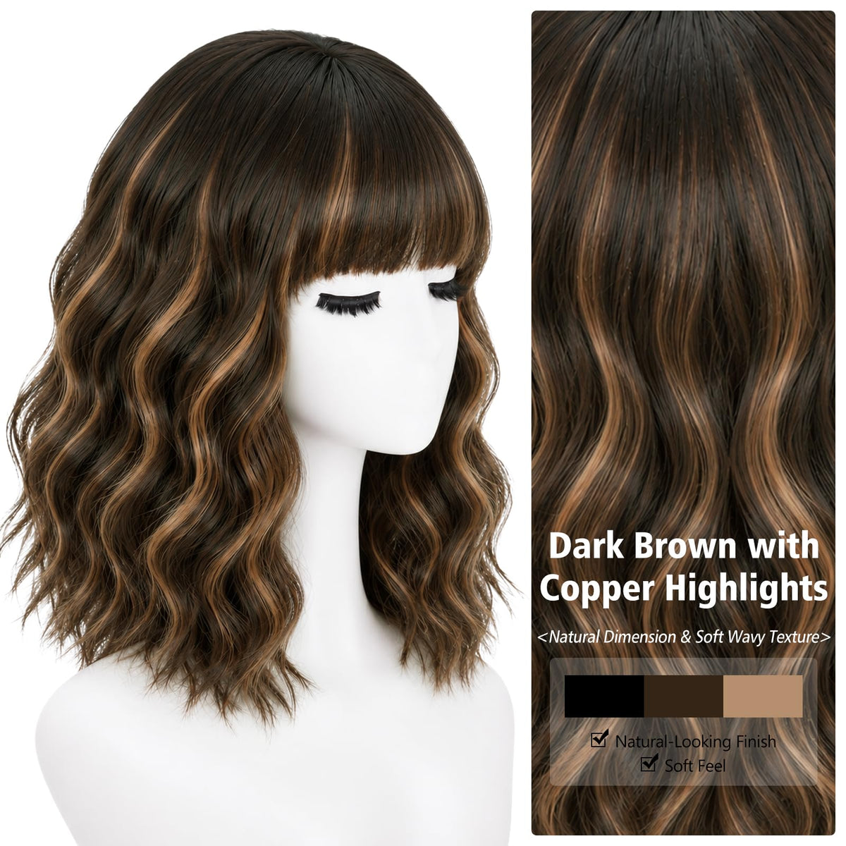 NOSTALGIA Wigs for Women, Short Wavy Bob Wig with Bangs, Trimmable Bangs, Shoulder Length, Black To Brown Heat Resistant Synthetic Wig for Daily Party Use, 14 Inch