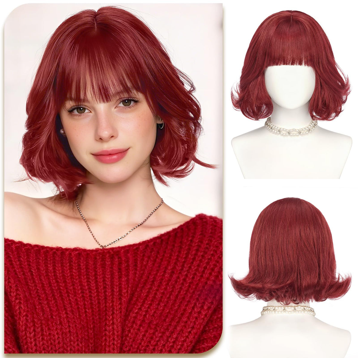 SOFEIYAN Short Wavy Violet Blue Wig - 12 Inch Dark Ginger Bob Wig with Bangs for Women Curly Shoulder Length Bob Wig with Bangs Soft Synthetic Hair Wigs for Girls Daily Party Use