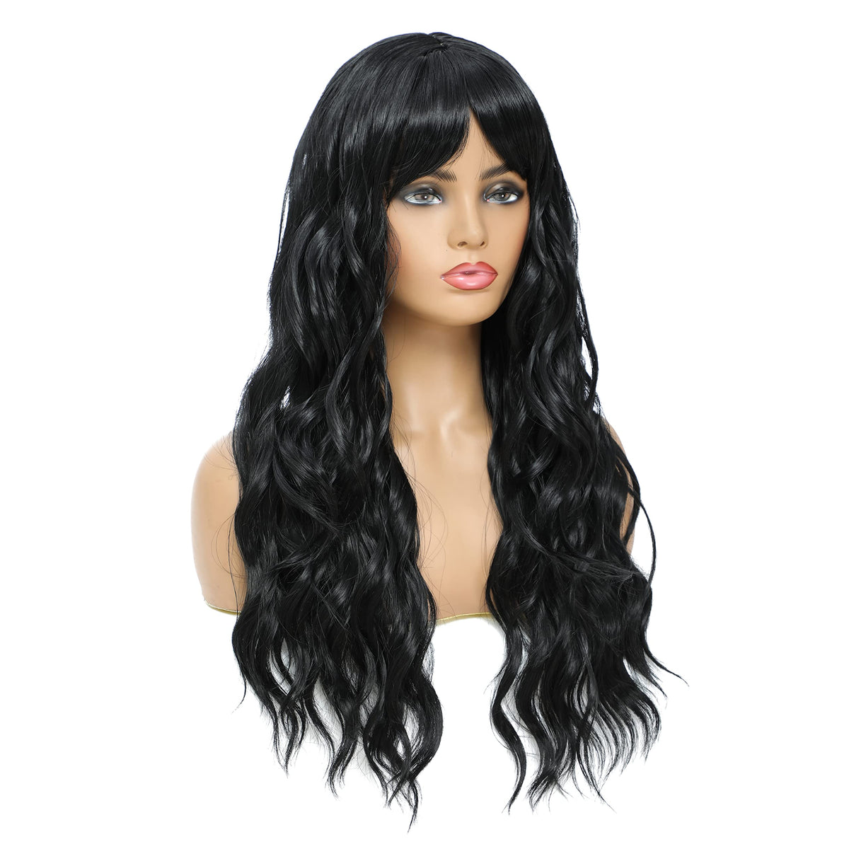 SWACC Long Curly Wavy Wig with Bangs Synthetic Hair Wig for Women with Wig Cap (Pink Ombre)