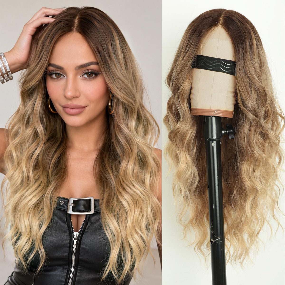 AISI HAIR Black Wig for Women, Long Wavy Lace Hairline Synthetic Wig 26Inch