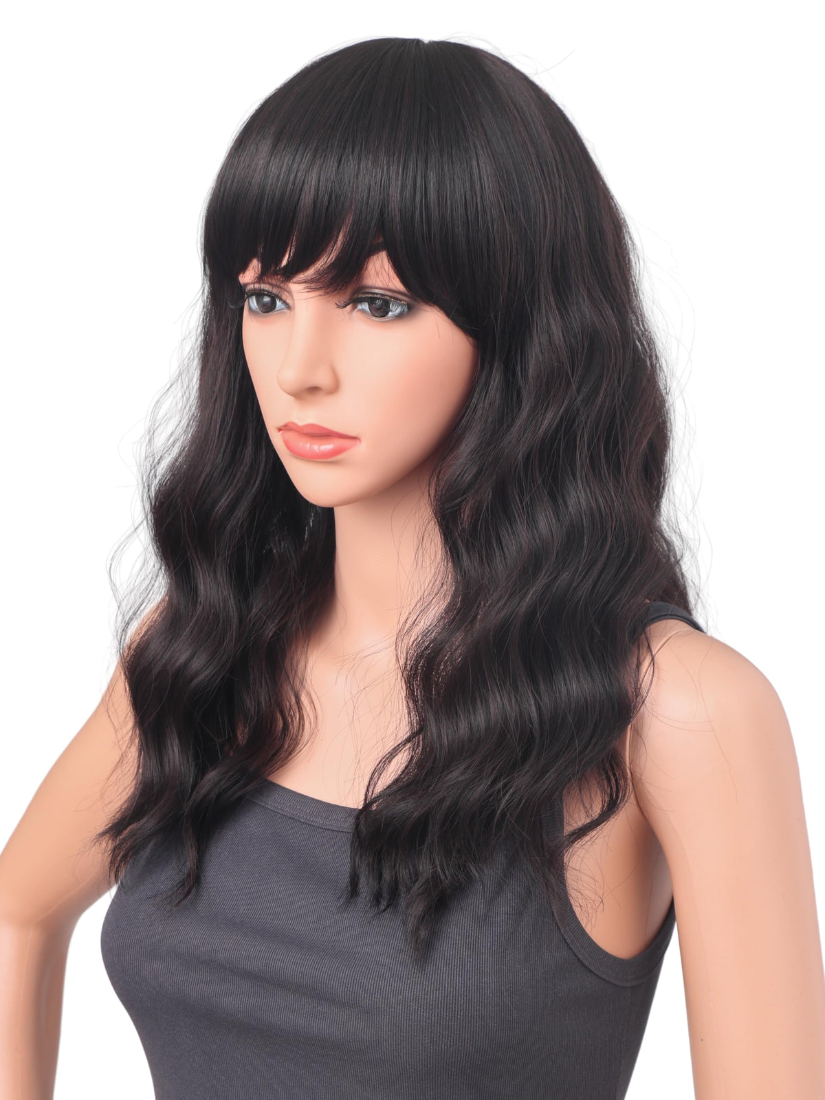 18 Inch Wavy Wig with Bangs – Black With Brown Highlights Heat Resistant Synthetic Hair, Soft Silky & Natural Looking for Women