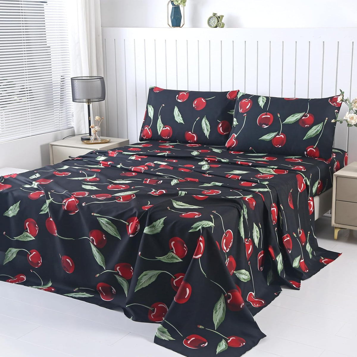 SDIII 4PCS Red Cherry Bed Sheets Set Full, Soft Microfiber Cherry Full Size Bed Sheets, Cute Fruit Patterns Sheet for Girls Boys Kids and Teens