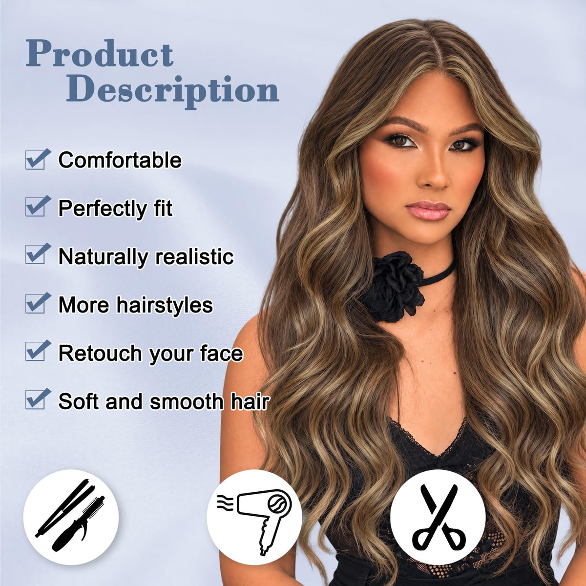 NAYOO Ice Blue Wig for Women, 26 Inch Middle Part Wavy Synthetic Wig