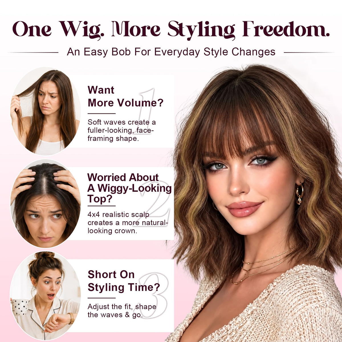 NOSTALGIA Wigs for Women, Short Wavy Bob Wig with Bangs, Trimmable Bangs, Shoulder Length, Black To Brown Heat Resistant Synthetic Wig for Daily Party Use, 14 Inch