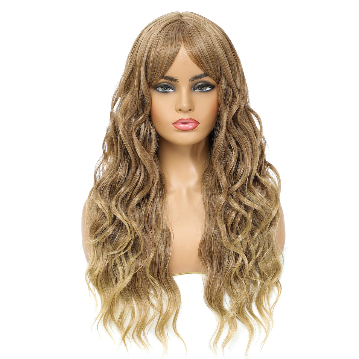 SWACC Long Curly Wavy Wig with Bangs Synthetic Hair Wig for Women with Wig Cap (Pink Ombre)