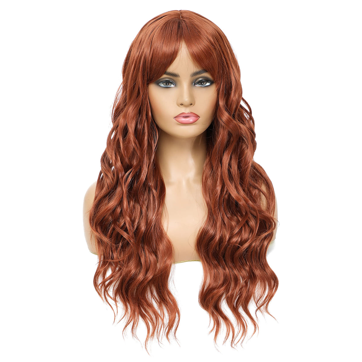 SWACC Long Curly Wavy Wig with Bangs Synthetic Hair Wig for Women with Wig Cap (Pink Ombre)