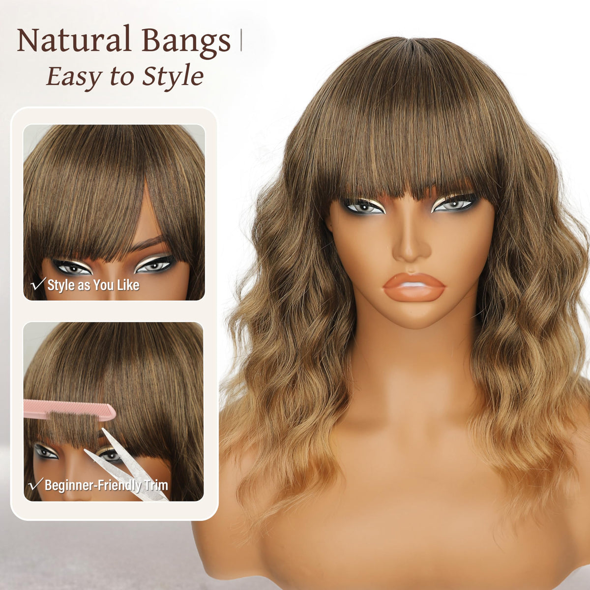 Nnzes Short Wavy Bob Wig with Bangs for Women Shoulder Length Curly Dark Brown with Purple Synthetic Heat-Resistant Fiber Hair for Daily & Party Use
