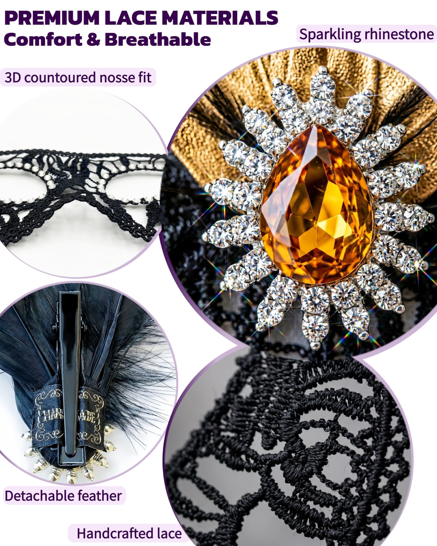 Black Lace Masquerade Mask for Women,1920s Venetian Feather Eye Mask with Gold Rhinestones for Mardi Gras Halloween
