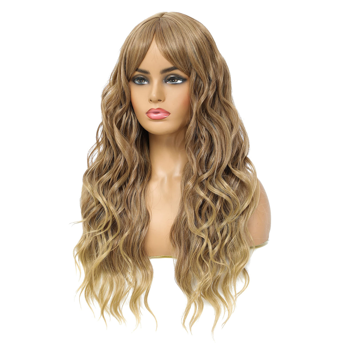 SWACC Long Curly Wavy Wig with Bangs Synthetic Hair Wig for Women with Wig Cap (Pink Ombre)