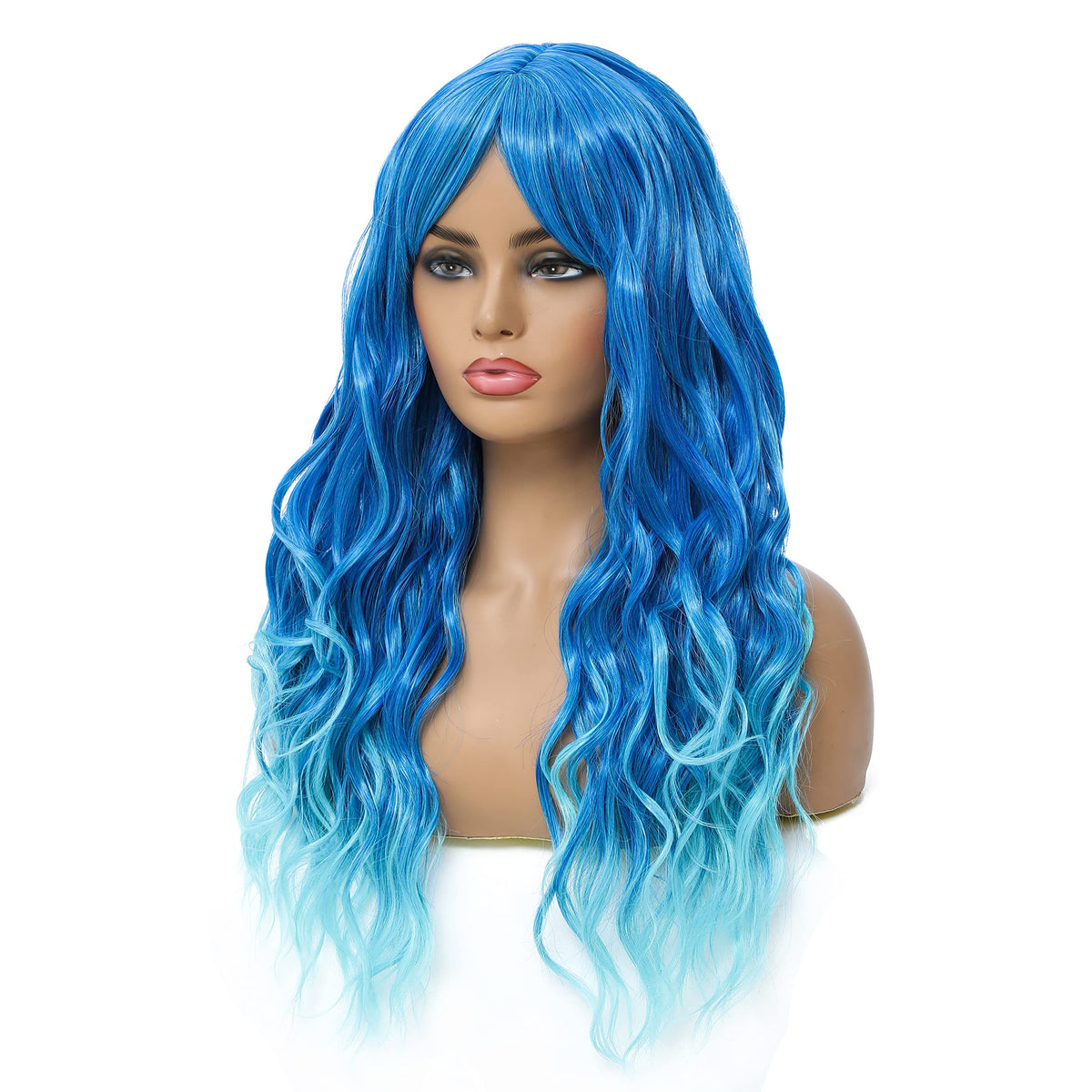 SWACC Long Curly Wavy Wig with Bangs Synthetic Hair Wig for Women with Wig Cap (Pink Ombre)