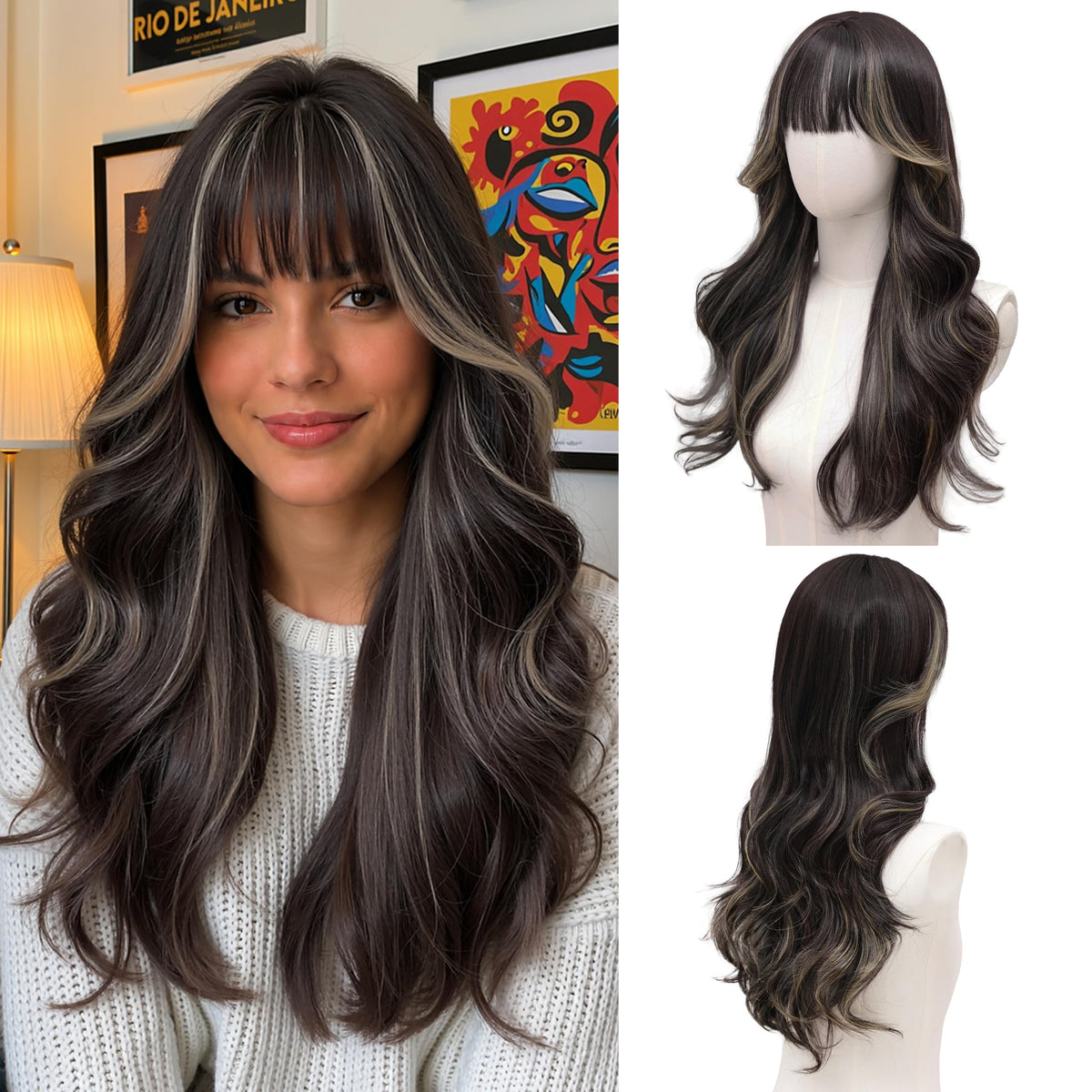 Rooted Honey Wig with Bangs for Women 24 Inch Long Wavy Synthetic Hair