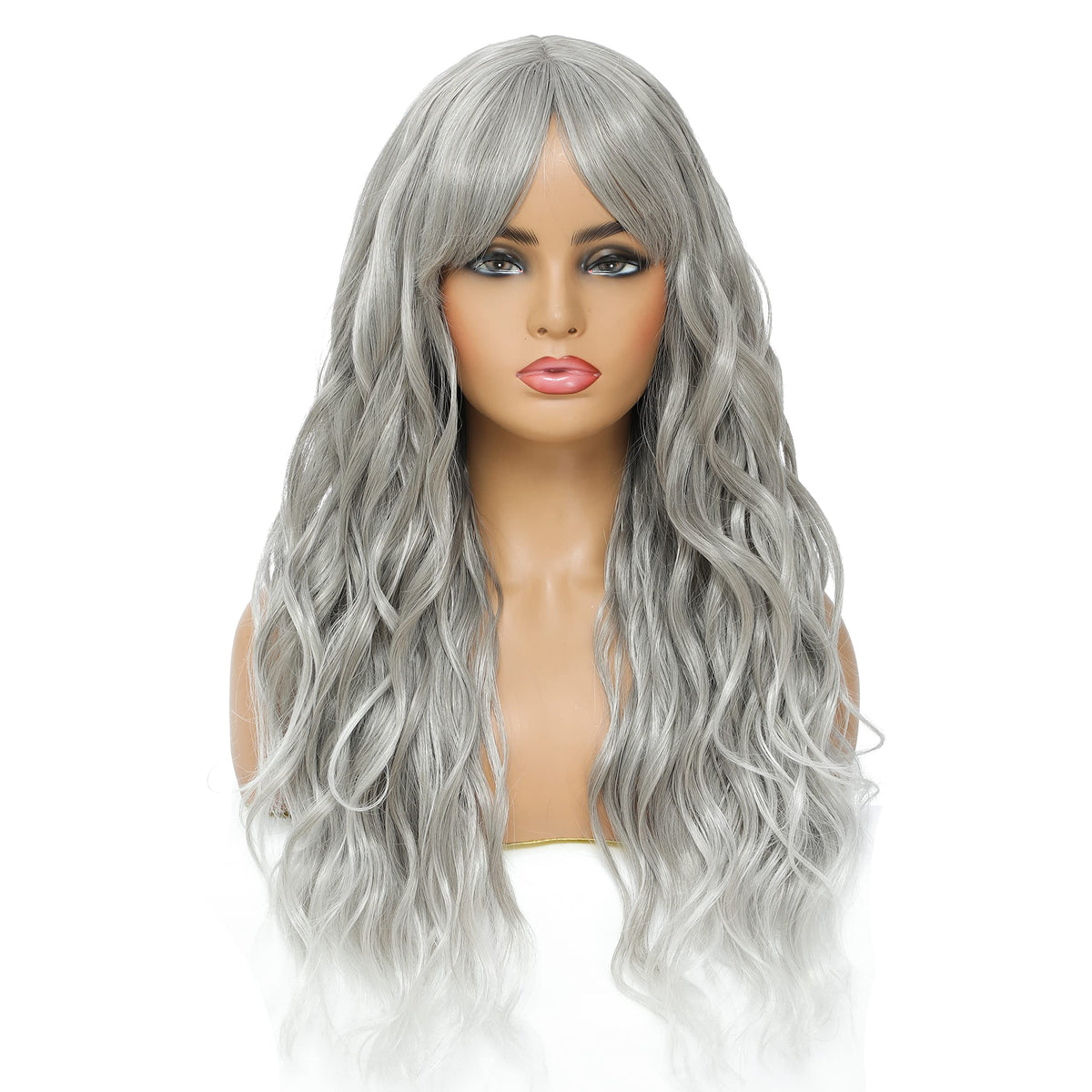 SWACC Long Curly Wavy Wig with Bangs Synthetic Hair Wig for Women with Wig Cap (Pink Ombre)
