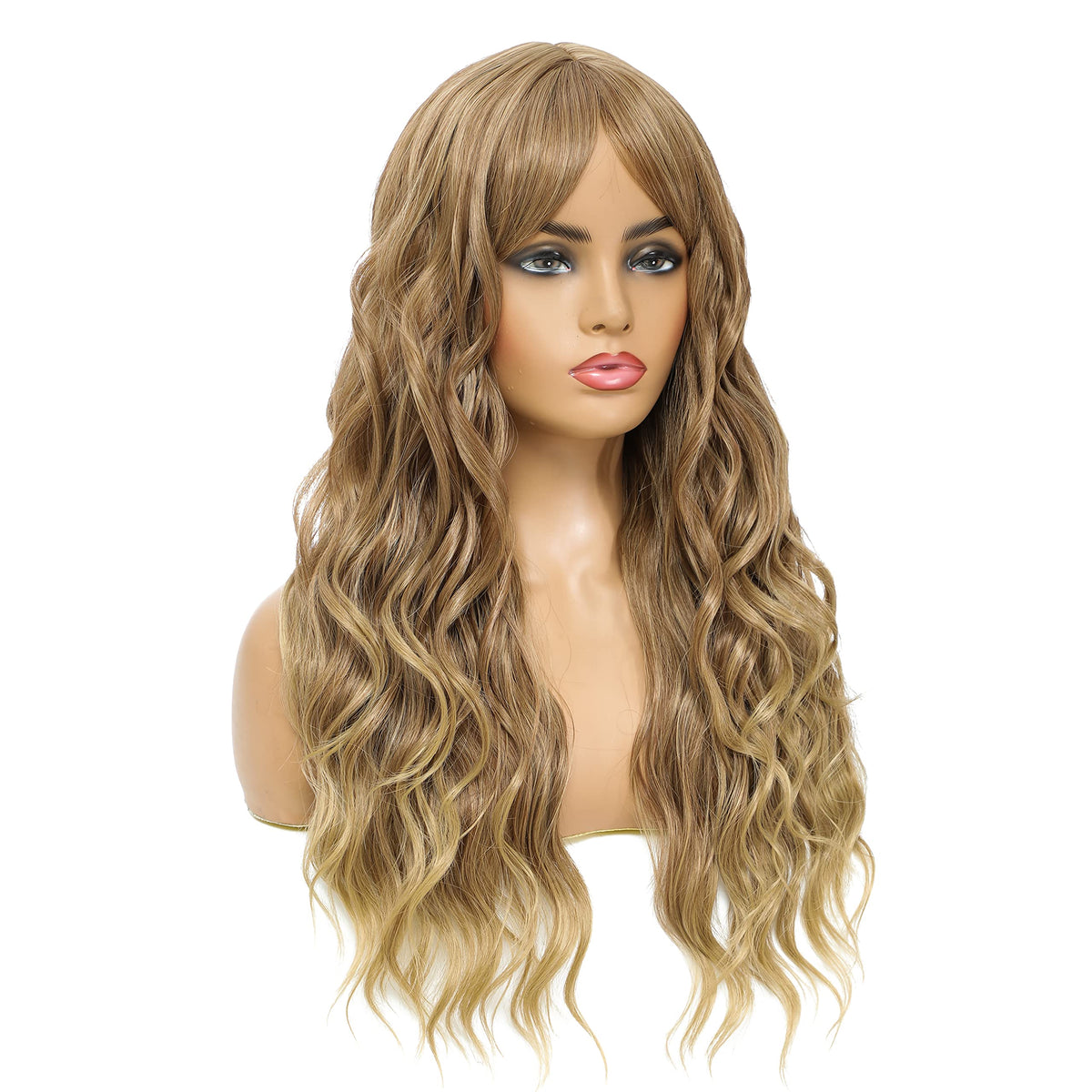 SWACC Long Curly Wavy Wig with Bangs Synthetic Hair Wig for Women with Wig Cap (Pink Ombre)