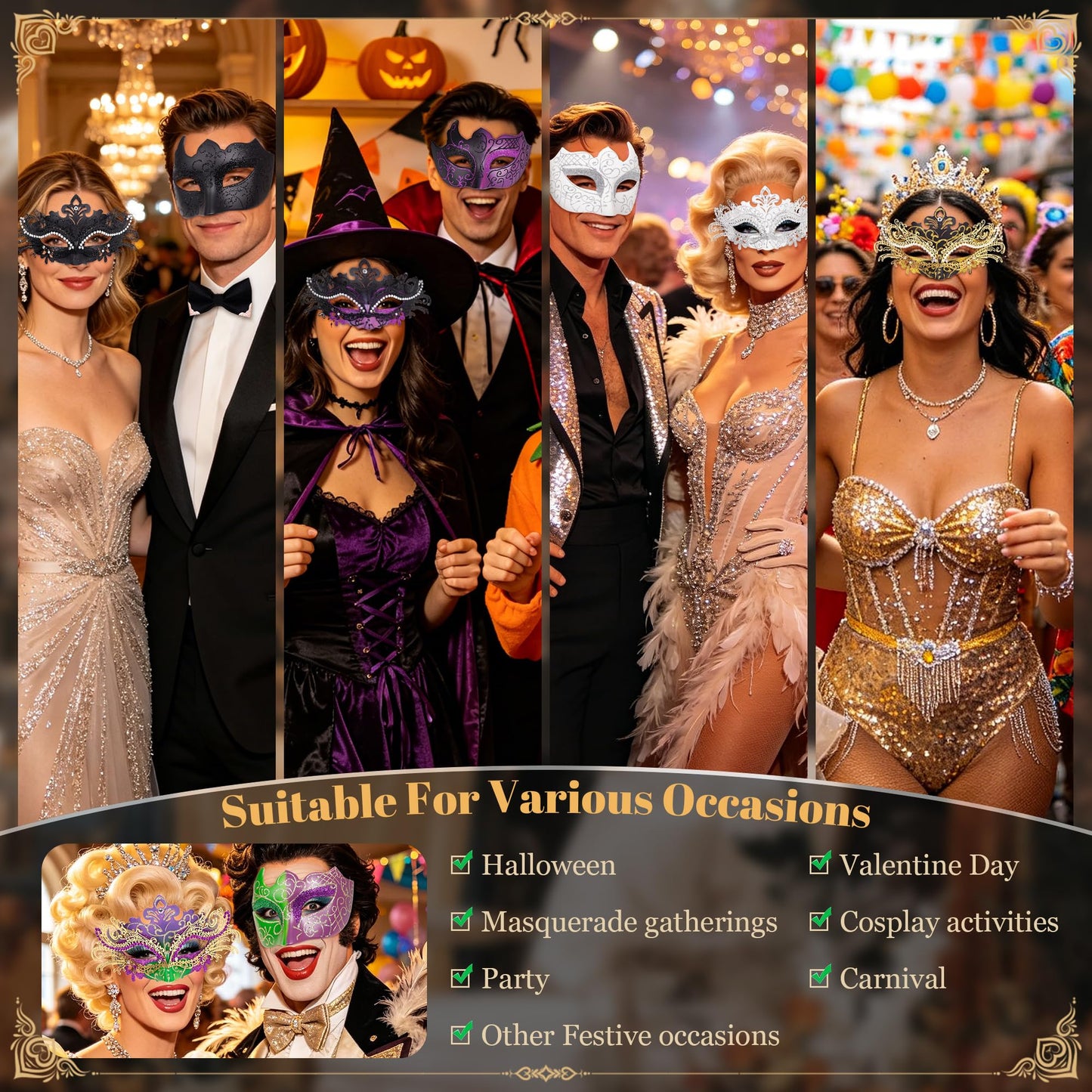 Masquerade Mask for Women Couples Metal Venetian Party Mask Mardi Gras Venetian Mask Evening Mask Halloween Accessory
