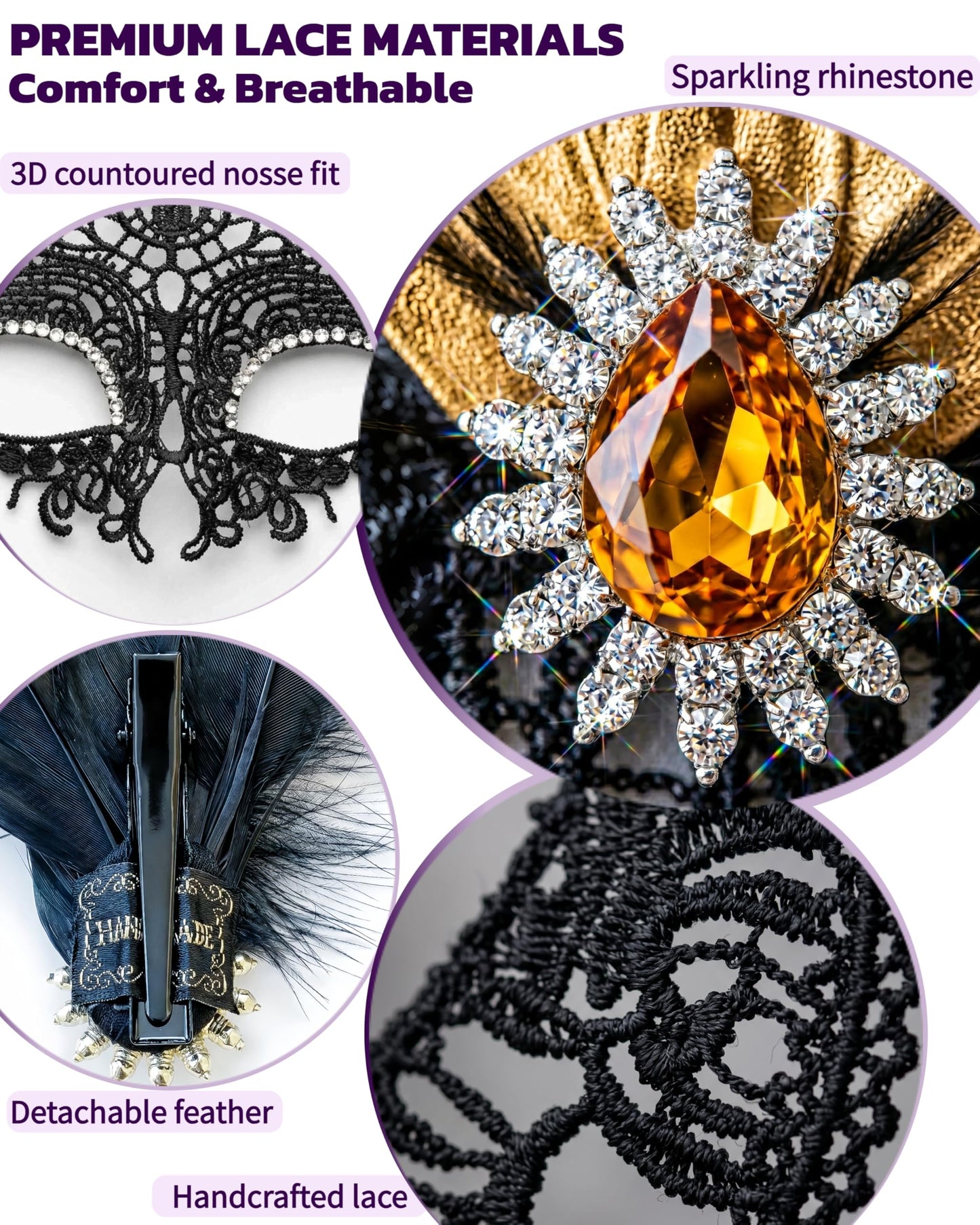 Black Lace Masquerade Mask for Women,1920s Venetian Feather Eye Mask with Gold Rhinestones for Mardi Gras Halloween