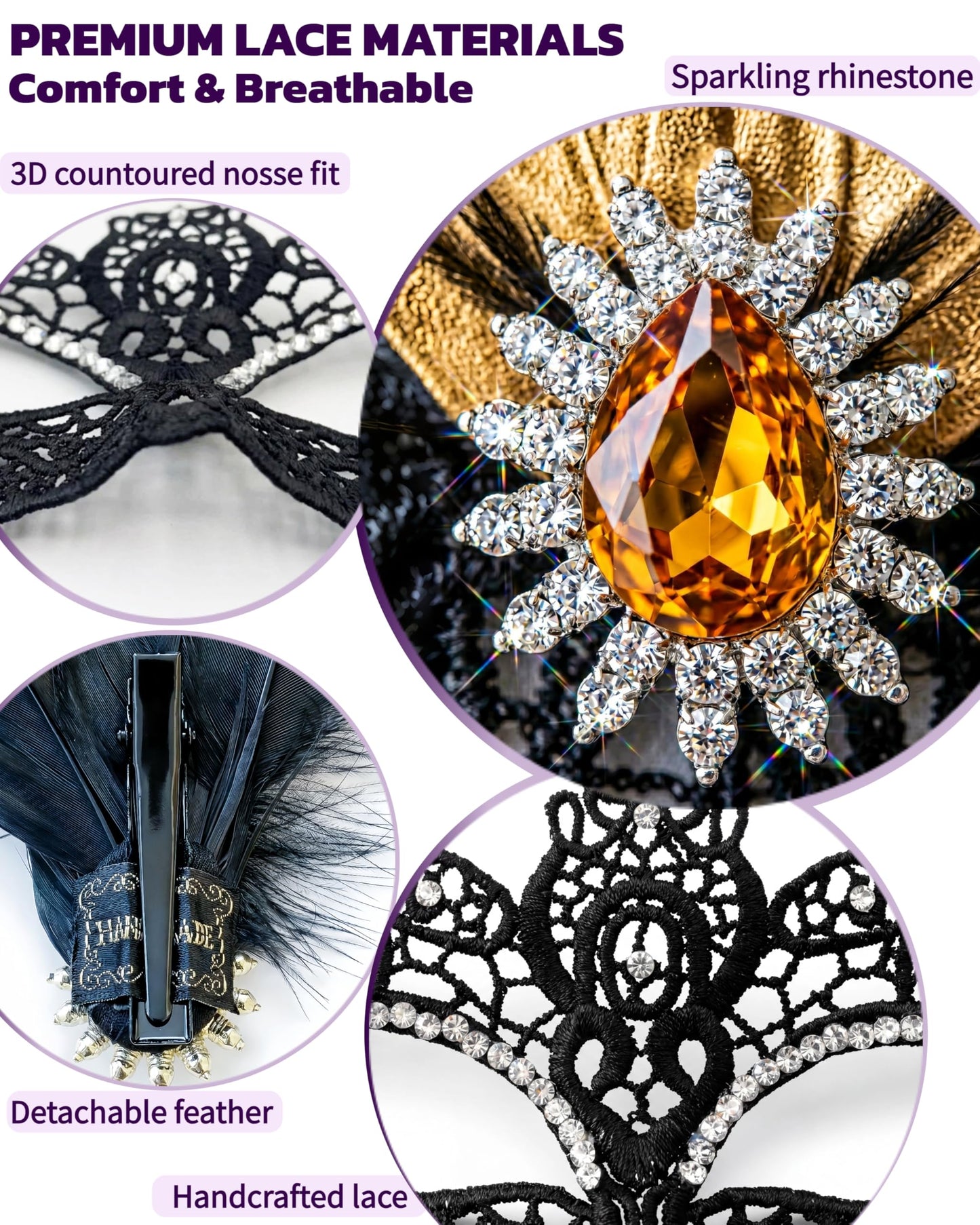 Black Lace Masquerade Mask for Women,1920s Venetian Feather Eye Mask with Gold Rhinestones for Mardi Gras Halloween
